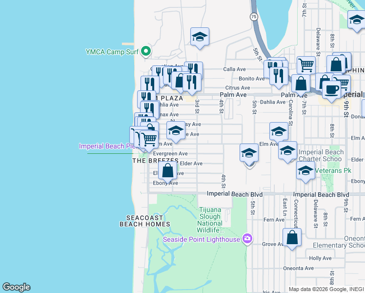 map of restaurants, bars, coffee shops, grocery stores, and more near 227 Elm Avenue in Imperial Beach