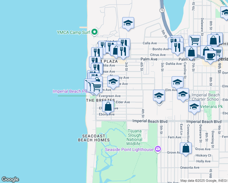 map of restaurants, bars, coffee shops, grocery stores, and more near 227 Elm Avenue in Imperial Beach