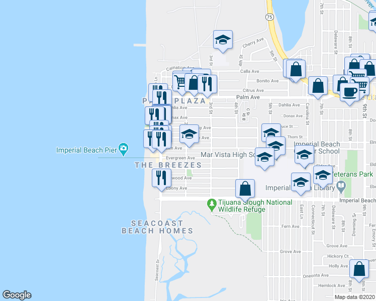 map of restaurants, bars, coffee shops, grocery stores, and more near 227 Elm Avenue in Imperial Beach