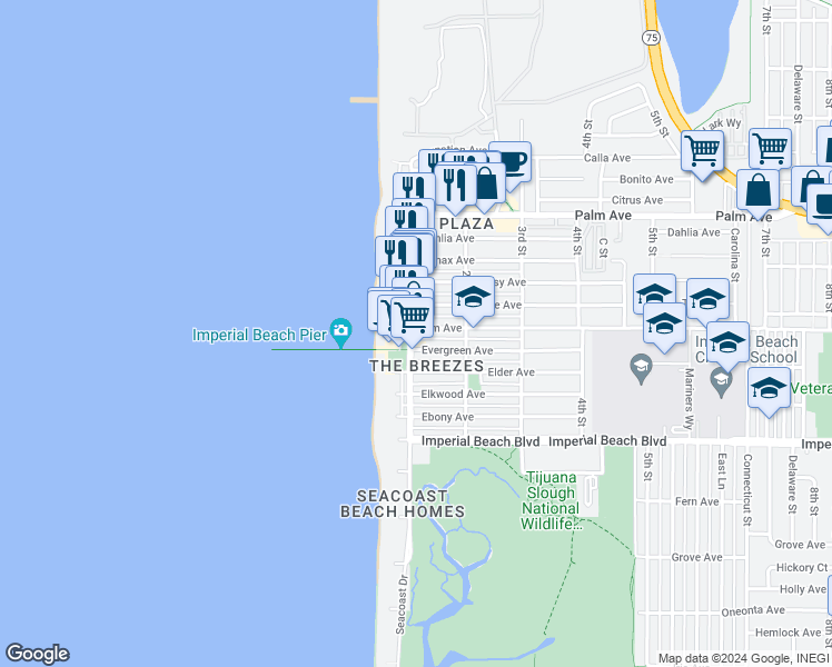 map of restaurants, bars, coffee shops, grocery stores, and more near in Imperial Beach