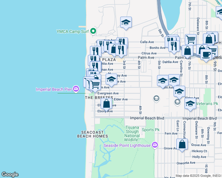 map of restaurants, bars, coffee shops, grocery stores, and more near 205 Elm Avenue in Imperial Beach