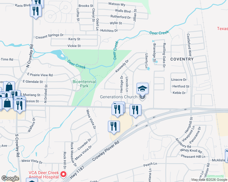 map of restaurants, bars, coffee shops, grocery stores, and more near 287 Edison Lane in Crowley