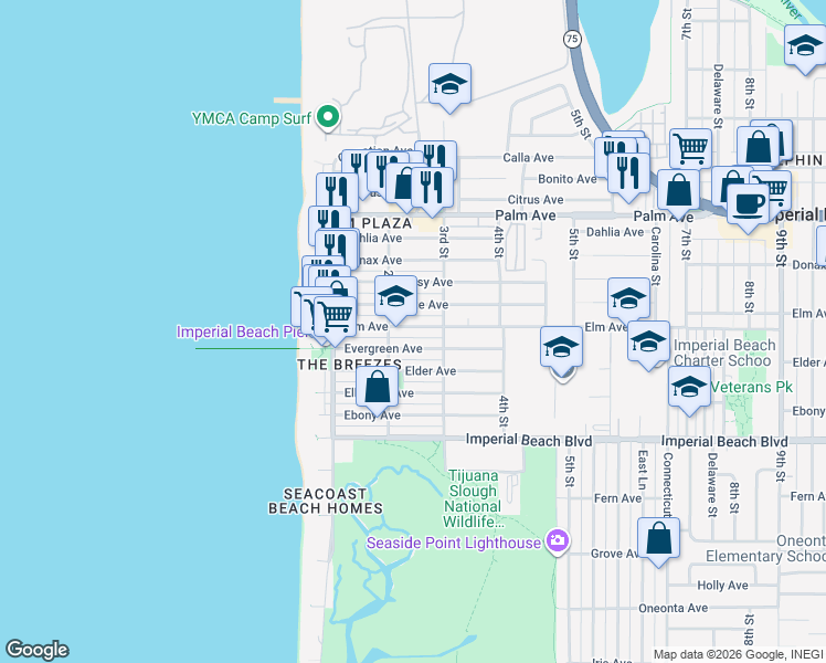 map of restaurants, bars, coffee shops, grocery stores, and more near 227 Elm Avenue in Imperial Beach