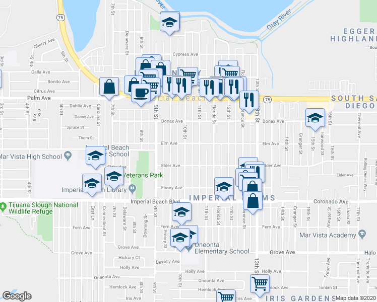 map of restaurants, bars, coffee shops, grocery stores, and more near 925 10th Street in Imperial Beach