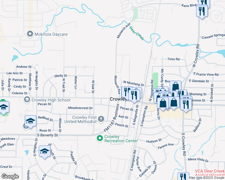 map of restaurants, bars, coffee shops, grocery stores, and more near 108 North Midway Street in Crowley