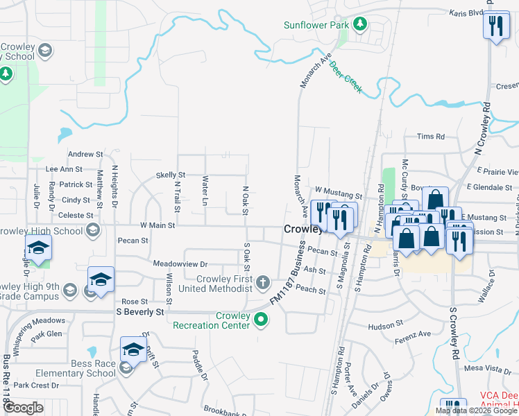 map of restaurants, bars, coffee shops, grocery stores, and more near 508 Oak Ridge Court in Crowley