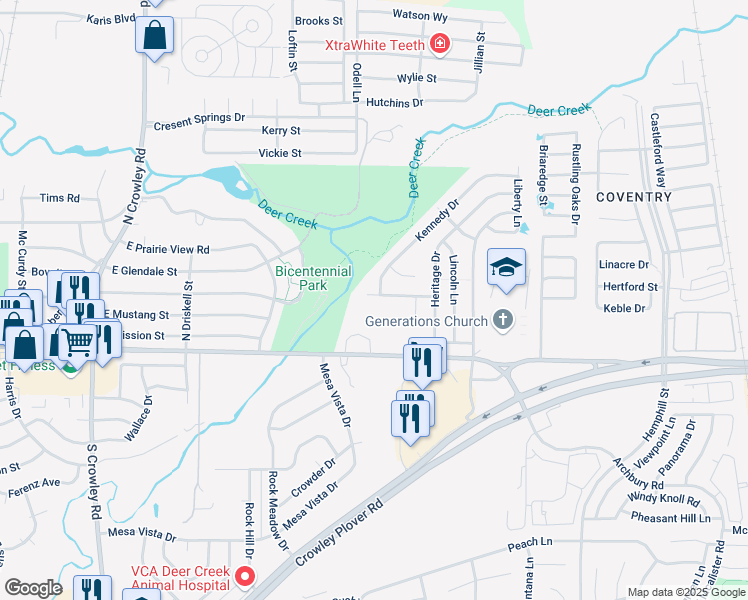 map of restaurants, bars, coffee shops, grocery stores, and more near 255 Edison Lane in Crowley