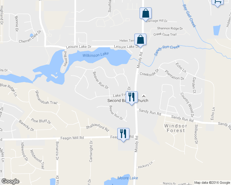 map of restaurants, bars, coffee shops, grocery stores, and more near 103 Lake Front Drive in Warner Robins