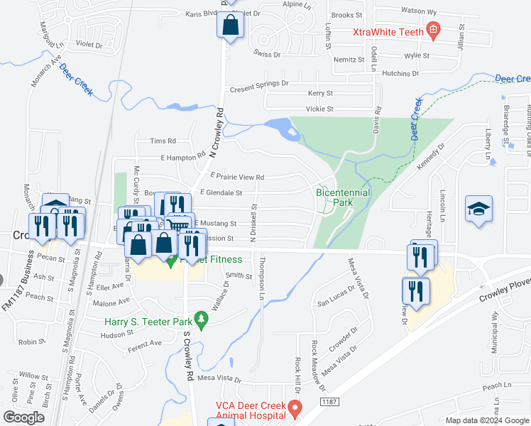 map of restaurants, bars, coffee shops, grocery stores, and more near 708 East Bovell Street in Crowley