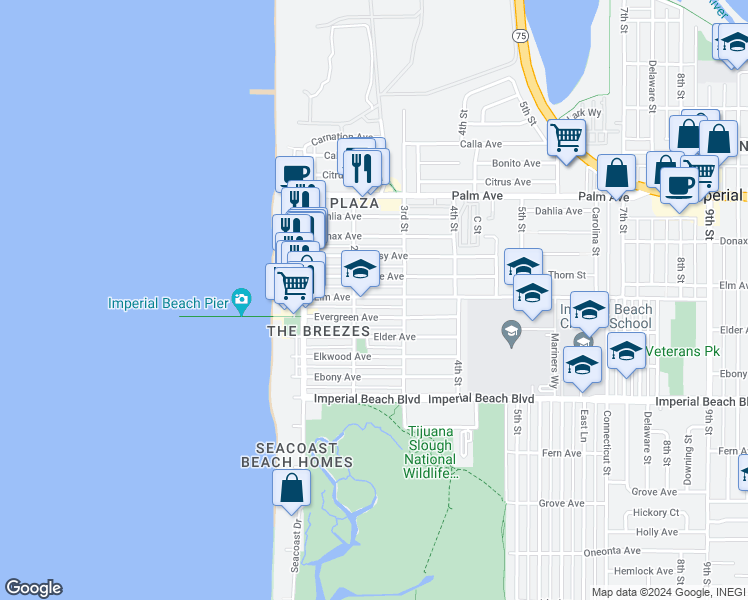 map of restaurants, bars, coffee shops, grocery stores, and more near 233 Elm Avenue in Imperial Beach