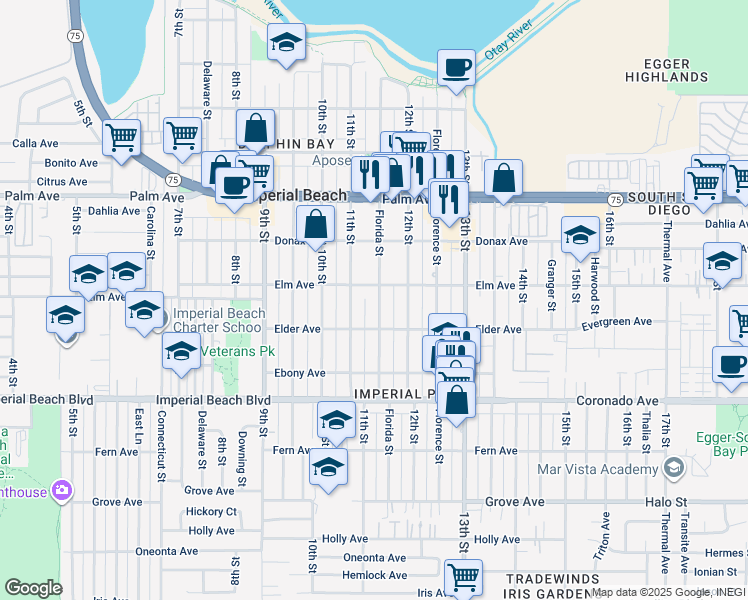 map of restaurants, bars, coffee shops, grocery stores, and more near 936 Florida Street in Imperial Beach