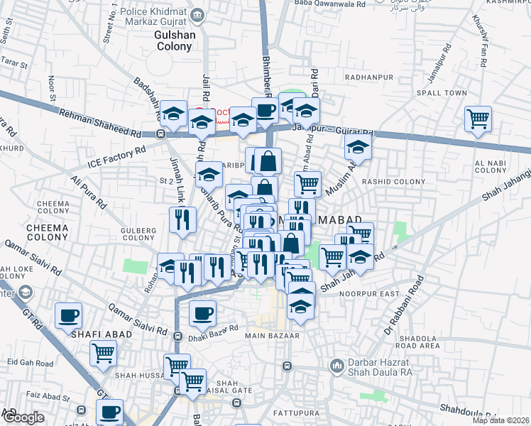 map of restaurants, bars, coffee shops, grocery stores, and more near Court Road in Gujrat