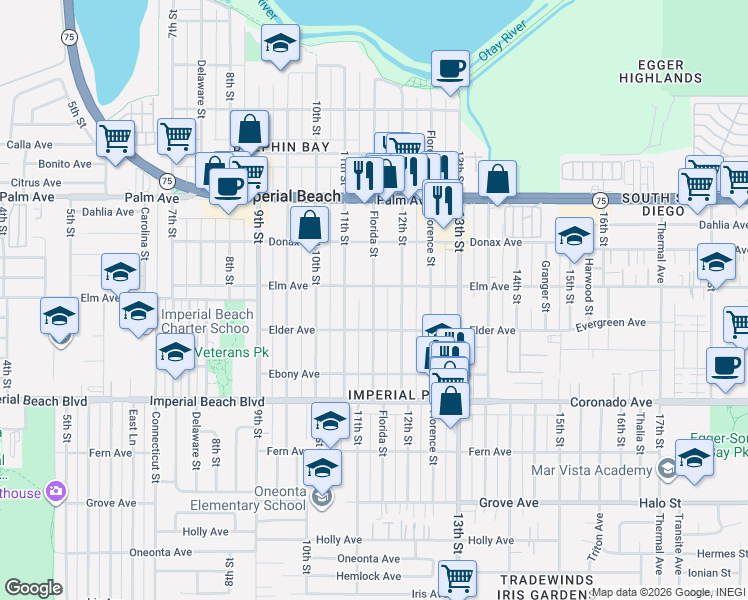 map of restaurants, bars, coffee shops, grocery stores, and more near 936 Florida Street in Imperial Beach