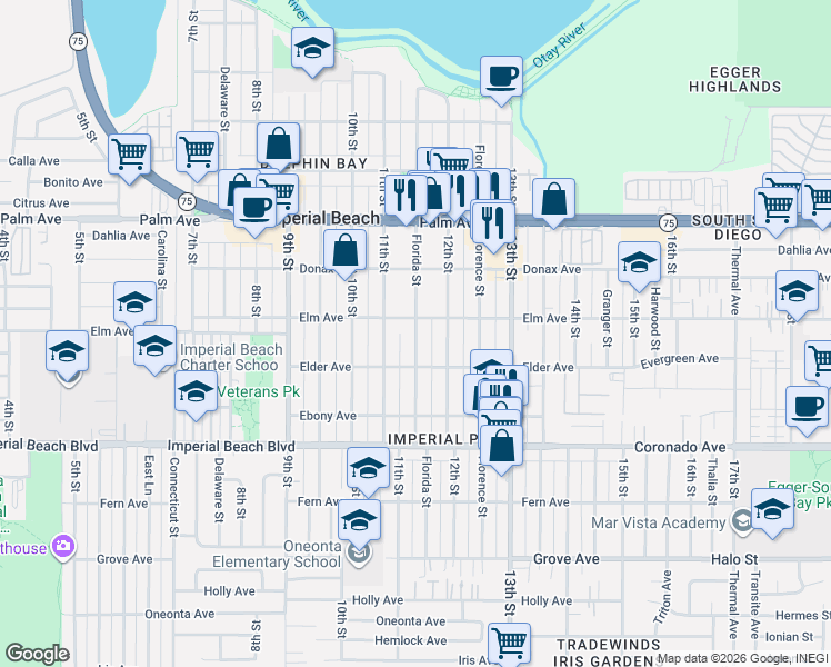 map of restaurants, bars, coffee shops, grocery stores, and more near 936 Florida Street in Imperial Beach