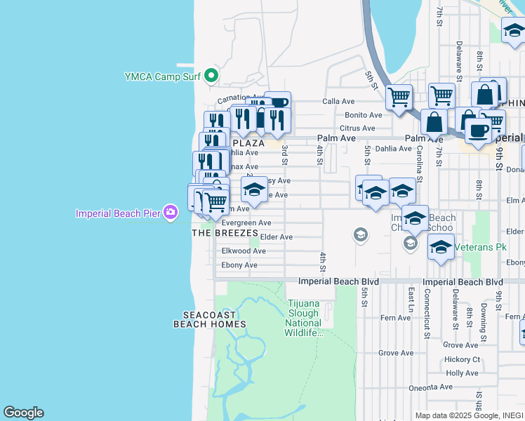 map of restaurants, bars, coffee shops, grocery stores, and more near 227 Elm Avenue in Imperial Beach