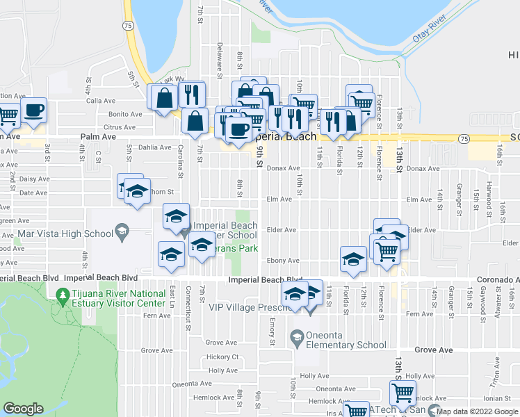 map of restaurants, bars, coffee shops, grocery stores, and more near 923 9th Street in Imperial Beach