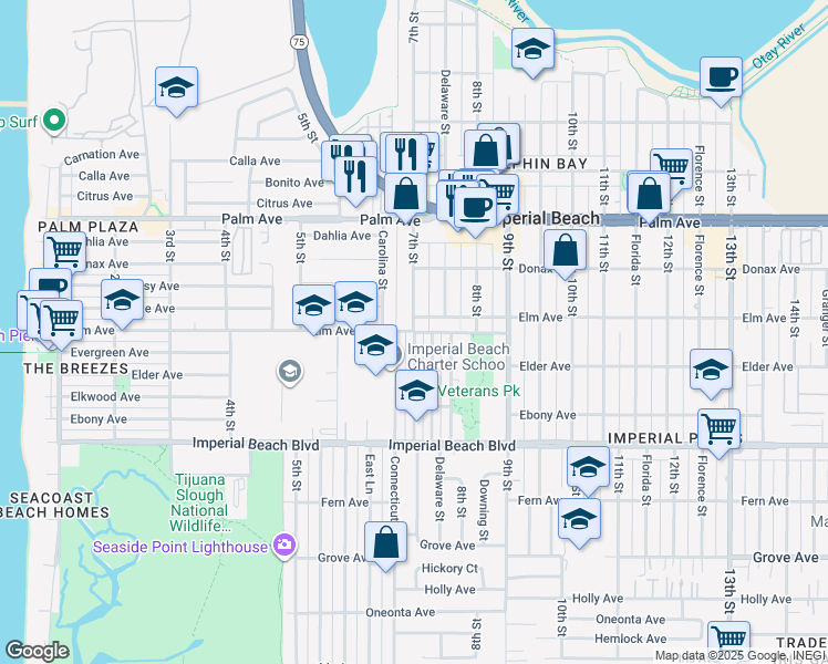 map of restaurants, bars, coffee shops, grocery stores, and more near Elm Avenue in Imperial Beach
