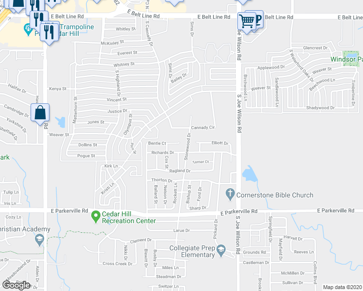 map of restaurants, bars, coffee shops, grocery stores, and more near 827 Bentle Court in Cedar Hill