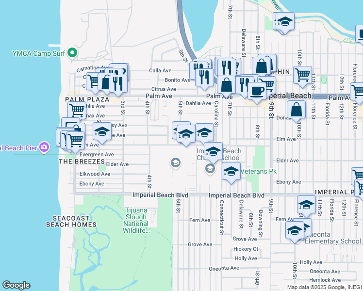map of restaurants, bars, coffee shops, grocery stores, and more near 505 Elm Avenue in Imperial Beach