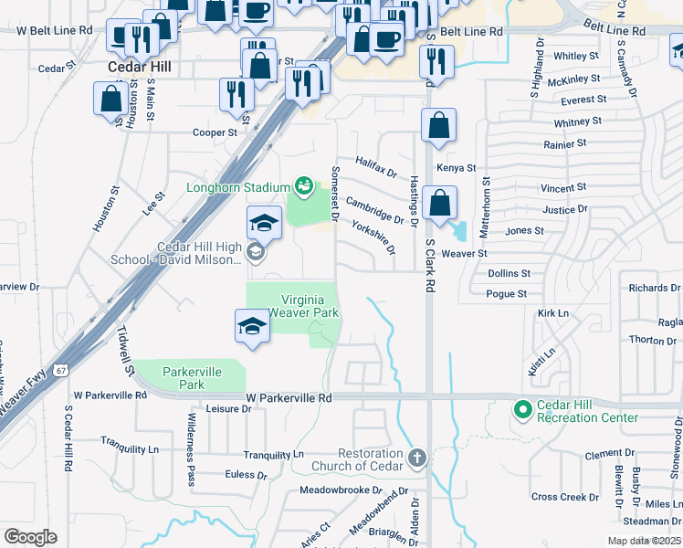 map of restaurants, bars, coffee shops, grocery stores, and more near 503 Somerset Drive in Cedar Hill