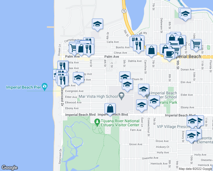 map of restaurants, bars, coffee shops, grocery stores, and more near Elm Ave & 4th St in Imperial Beach