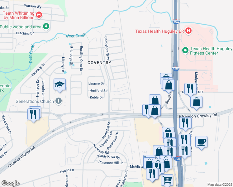 map of restaurants, bars, coffee shops, grocery stores, and more near 12300 Hemphill Street in Crowley