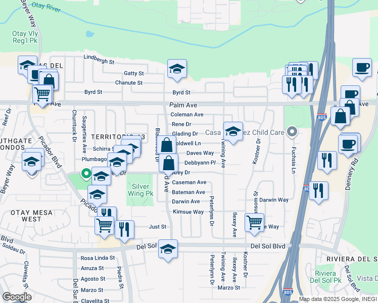 map of restaurants, bars, coffee shops, grocery stores, and more near 4007 Daves Way in San Diego