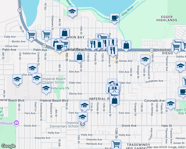 map of restaurants, bars, coffee shops, grocery stores, and more near 936 Florida Street in Imperial Beach