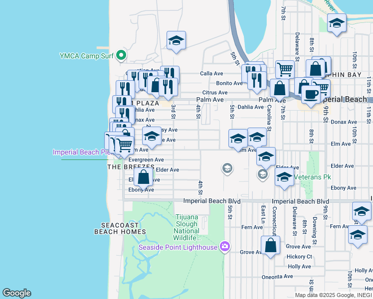 map of restaurants, bars, coffee shops, grocery stores, and more near 363 Elm Avenue in Imperial Beach