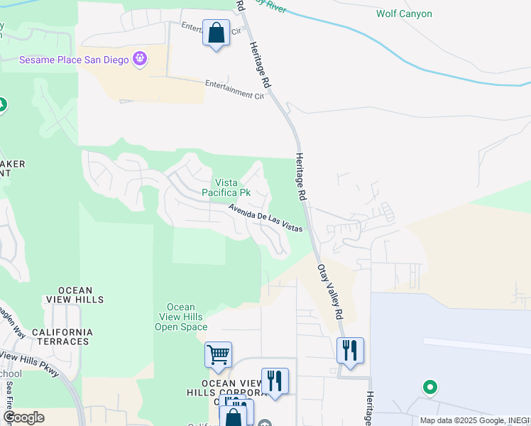 map of restaurants, bars, coffee shops, grocery stores, and more near 725 Vista Santo Tomas in San Diego