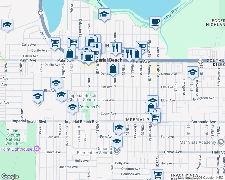 map of restaurants, bars, coffee shops, grocery stores, and more near 914 10th Street in Imperial Beach