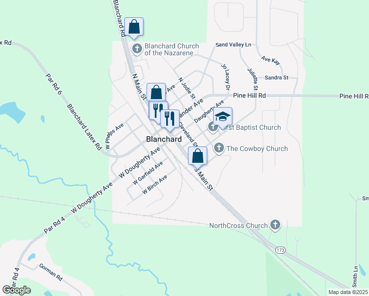 map of restaurants, bars, coffee shops, grocery stores, and more near 201 South Main Street in Blanchard