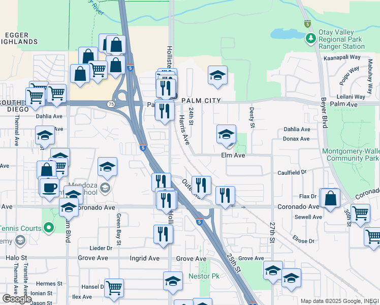 map of restaurants, bars, coffee shops, grocery stores, and more near 879 Harris Avenue in San Diego