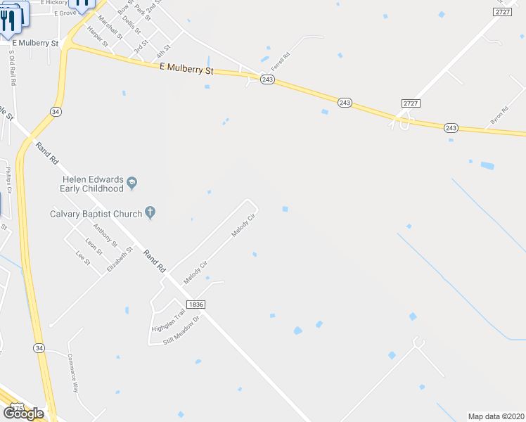 map of restaurants, bars, coffee shops, grocery stores, and more near 1208 Melody Circle in Kaufman