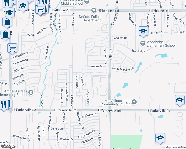 map of restaurants, bars, coffee shops, grocery stores, and more near 728 Eldorado Drive in DeSoto