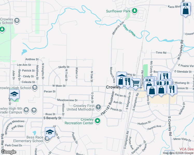 map of restaurants, bars, coffee shops, grocery stores, and more near 508 Oak Ridge Court in Crowley