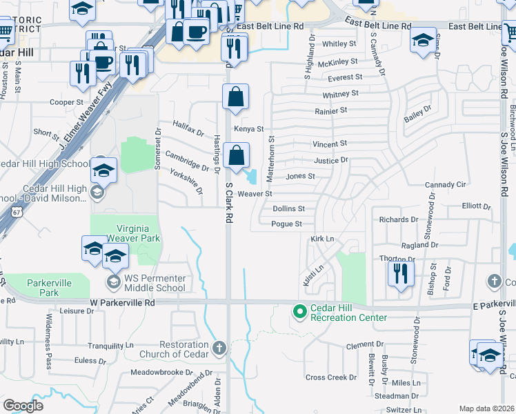 map of restaurants, bars, coffee shops, grocery stores, and more near 401 Dollins Street in Cedar Hill