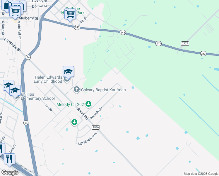 map of restaurants, bars, coffee shops, grocery stores, and more near 901 Melody Circle in Kaufman