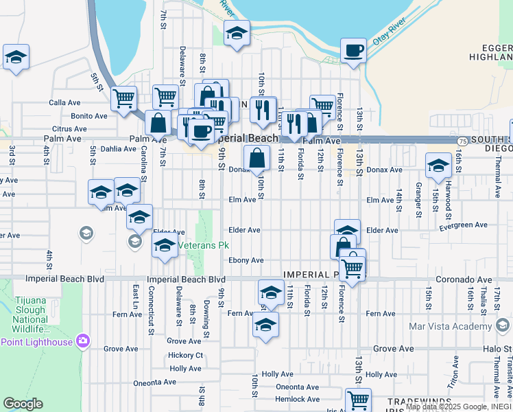 map of restaurants, bars, coffee shops, grocery stores, and more near 914 10th Street in Imperial Beach