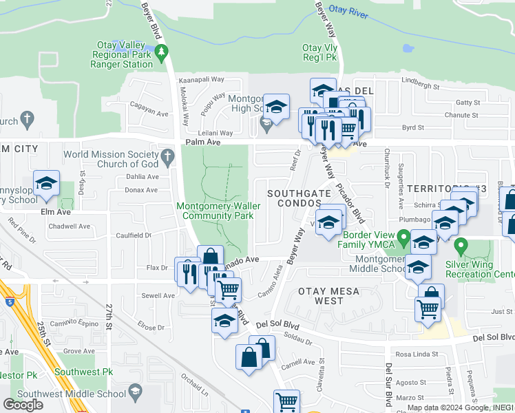 map of restaurants, bars, coffee shops, grocery stores, and more near 917 Hawaii Avenue in San Diego