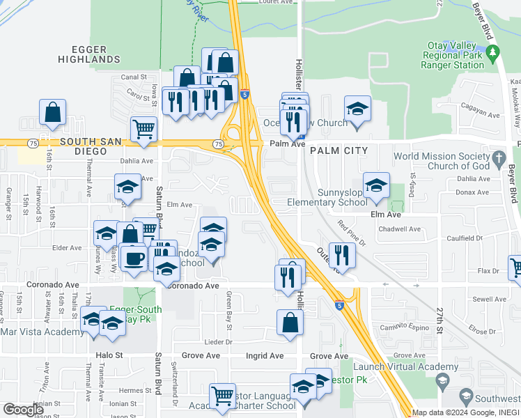 map of restaurants, bars, coffee shops, grocery stores, and more near 2200 Coronado Avenue in San Diego