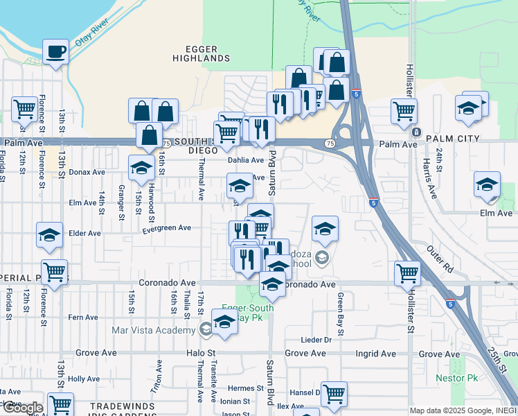 map of restaurants, bars, coffee shops, grocery stores, and more near 914 Saturn Boulevard in San Diego