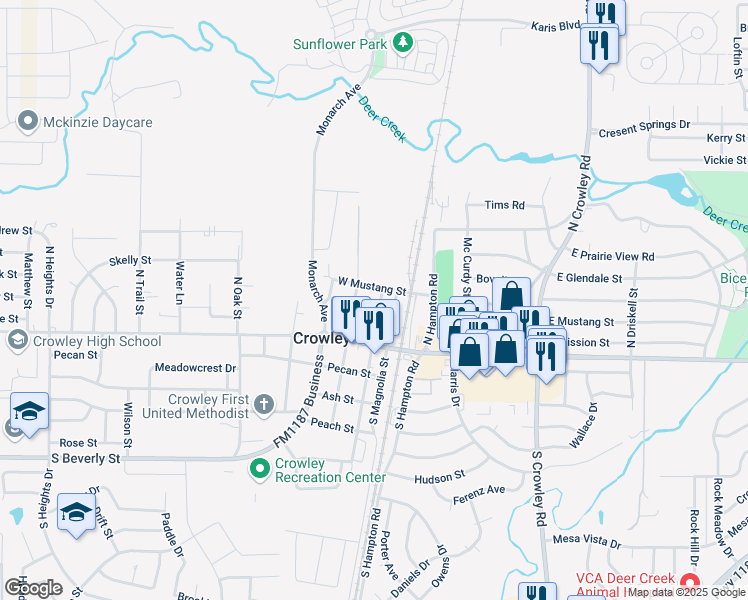 map of restaurants, bars, coffee shops, grocery stores, and more near 201 North Texas Street in Crowley