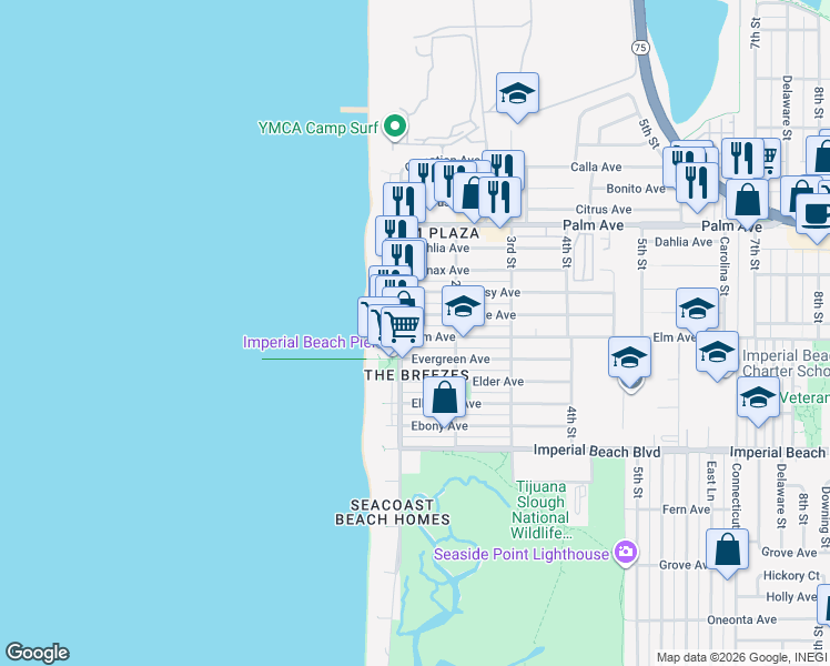 map of restaurants, bars, coffee shops, grocery stores, and more near 157 Elm Avenue in Imperial Beach