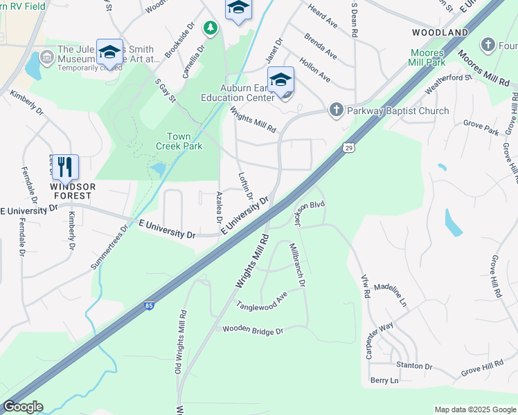 map of restaurants, bars, coffee shops, grocery stores, and more near Wrights Mill Road in Auburn