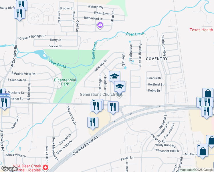 map of restaurants, bars, coffee shops, grocery stores, and more near 141 Lincoln Lane in Crowley