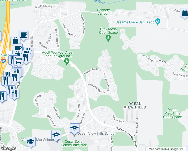 map of restaurants, bars, coffee shops, grocery stores, and more near 5185 Mariner Drive in San Diego