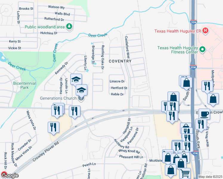 map of restaurants, bars, coffee shops, grocery stores, and more near 553 Hertford Street in Crowley