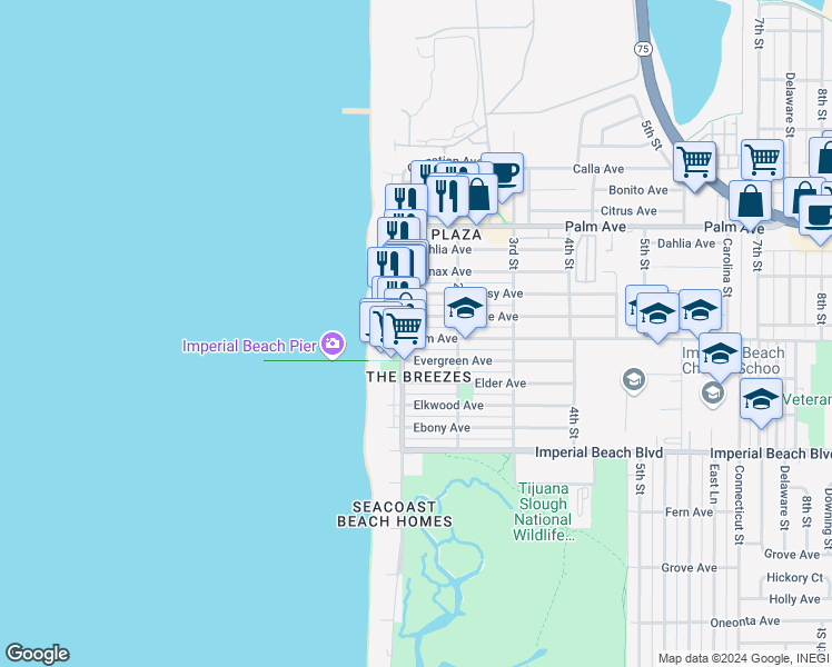 map of restaurants, bars, coffee shops, grocery stores, and more near 118 Elm Avenue in Imperial Beach