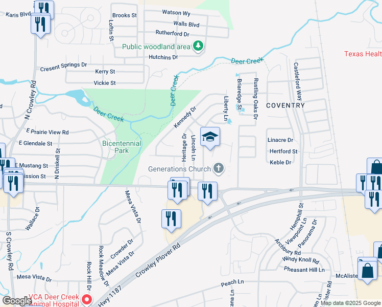 map of restaurants, bars, coffee shops, grocery stores, and more near 201 Lincoln Lane in Crowley